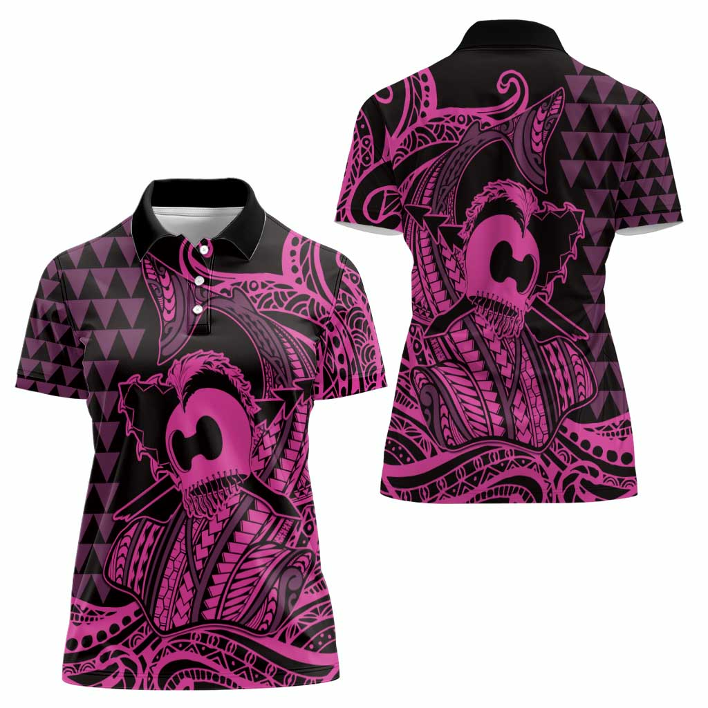 Koa Ikaika Warrior Helmet with Shark Women Polo Shirt Pink Kakau Style