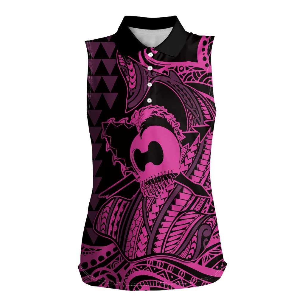 Koa Ikaika Warrior Helmet with Shark Women Sleeveless Polo Shirt Pink Kakau Style LT9 Female Pink - Polynesian Pride