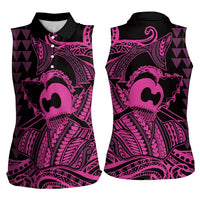 Koa Ikaika Warrior Helmet with Shark Women Sleeveless Polo Shirt Pink Kakau Style