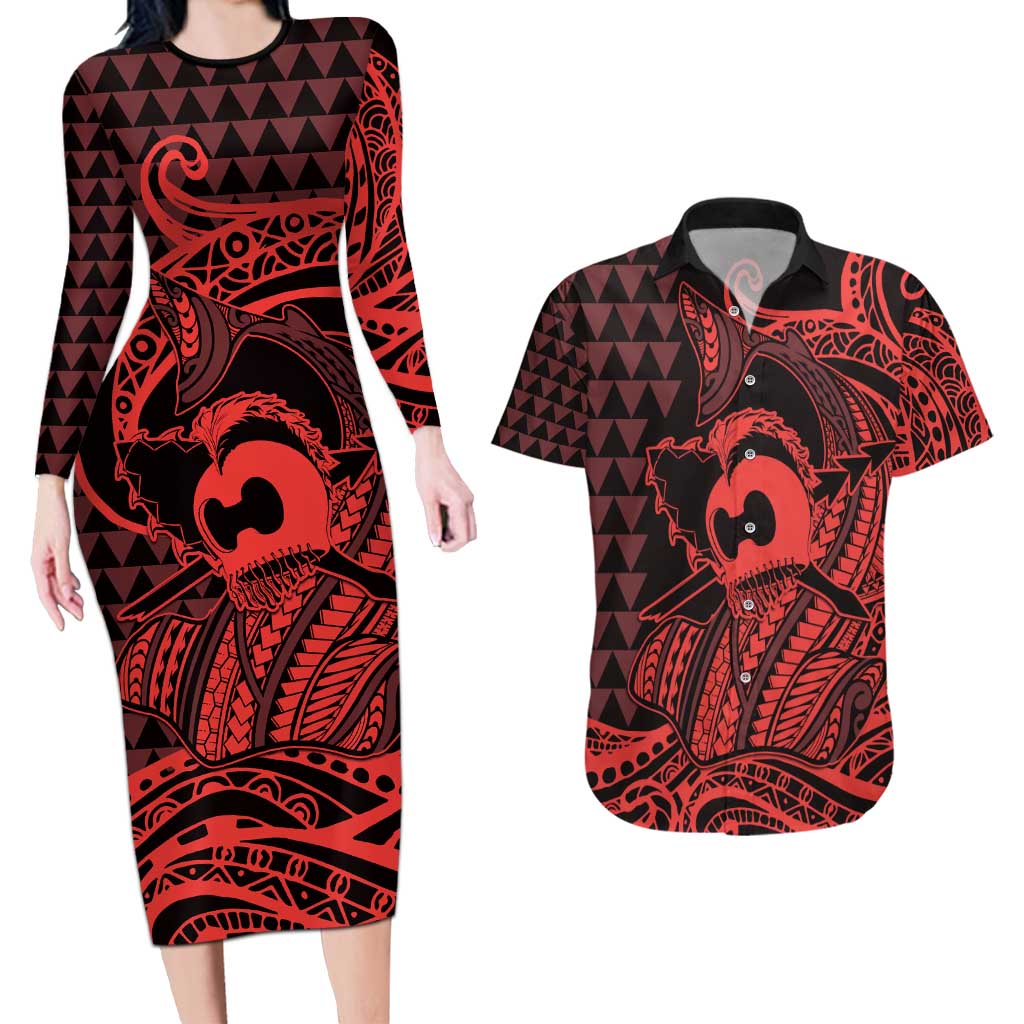 Koa Ikaika Warrior Helmet with Shark Couples Matching Long Sleeve Bodycon Dress and Hawaiian Shirt Red Kakau Style LT9 Red - Polynesian Pride