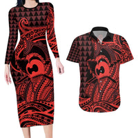 Koa Ikaika Warrior Helmet with Shark Couples Matching Long Sleeve Bodycon Dress and Hawaiian Shirt Red Kakau Style LT9 Red - Polynesian Pride