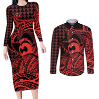 Koa Ikaika Warrior Helmet with Shark Couples Matching Long Sleeve Bodycon Dress and Long Sleeve Button Shirt Red Kakau Style LT9 Red - Polynesian Pride