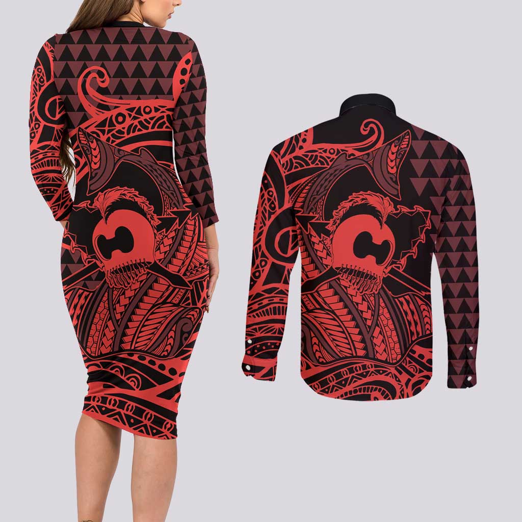 Koa Ikaika Warrior Helmet with Shark Couples Matching Long Sleeve Bodycon Dress and Long Sleeve Button Shirt Red Kakau Style LT9 - Polynesian Pride