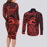 Koa Ikaika Warrior Helmet with Shark Couples Matching Long Sleeve Bodycon Dress and Long Sleeve Button Shirt Red Kakau Style LT9 - Polynesian Pride