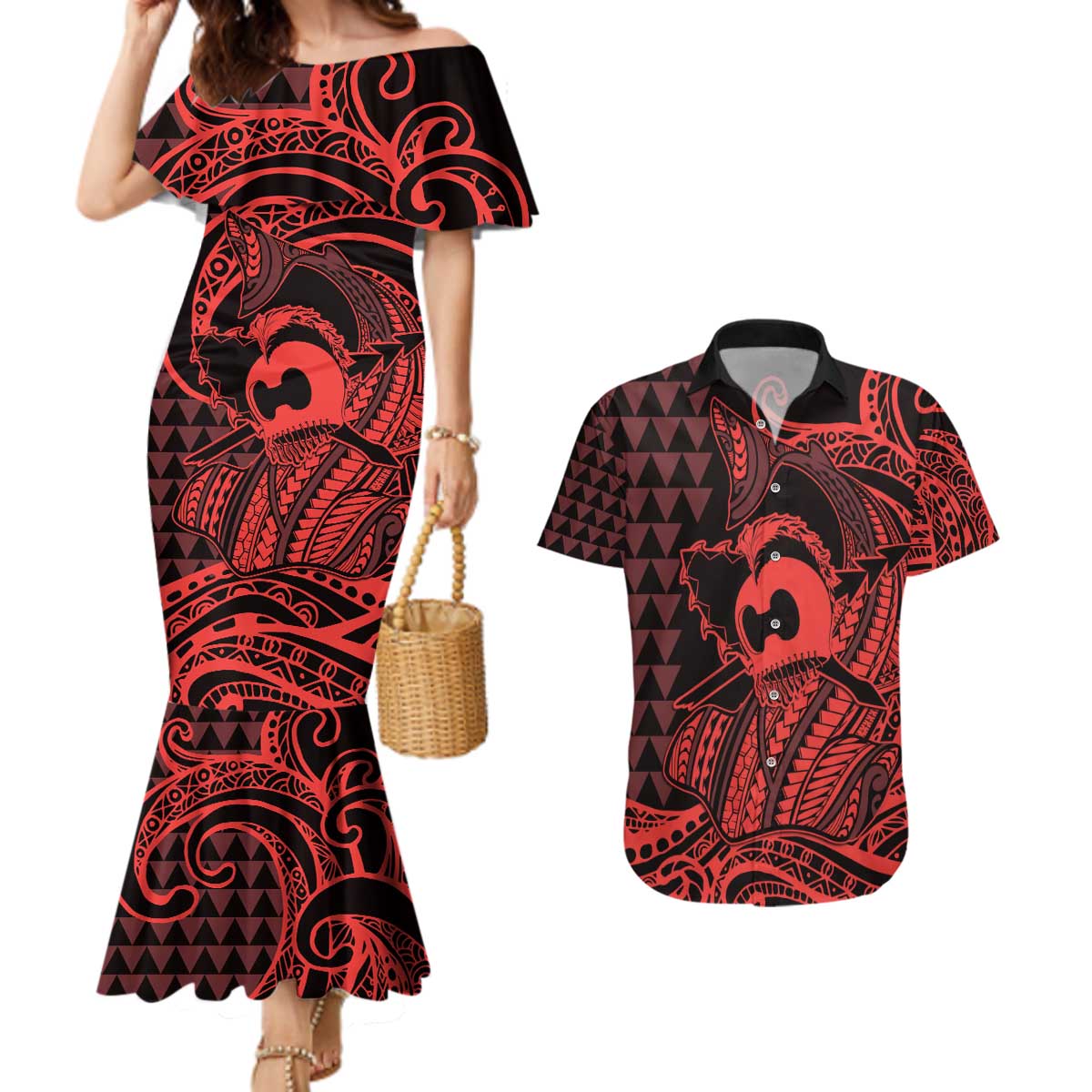 Koa Ikaika Warrior Helmet with Shark Couples Matching Mermaid Dress and Hawaiian Shirt Red Kakau Style LT9 Red - Polynesian Pride