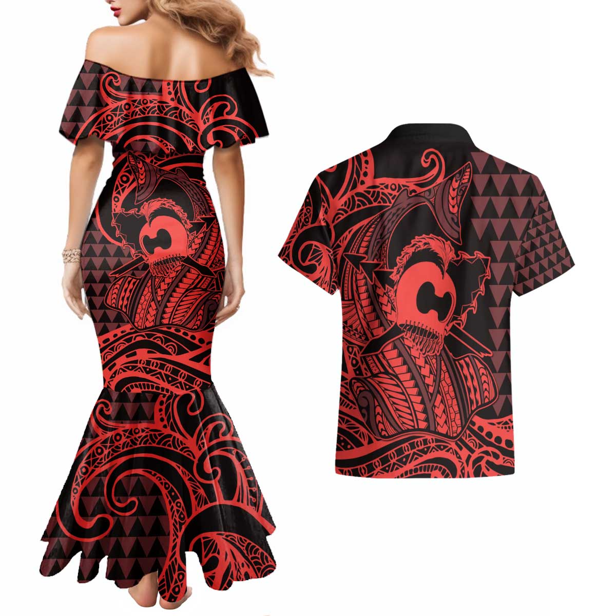Koa Ikaika Warrior Helmet with Shark Couples Matching Mermaid Dress and Hawaiian Shirt Red Kakau Style LT9 - Polynesian Pride