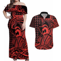 Koa Ikaika Warrior Helmet with Shark Couples Matching Off Shoulder Maxi Dress and Hawaiian Shirt Red Kakau Style LT9 Red - Polynesian Pride