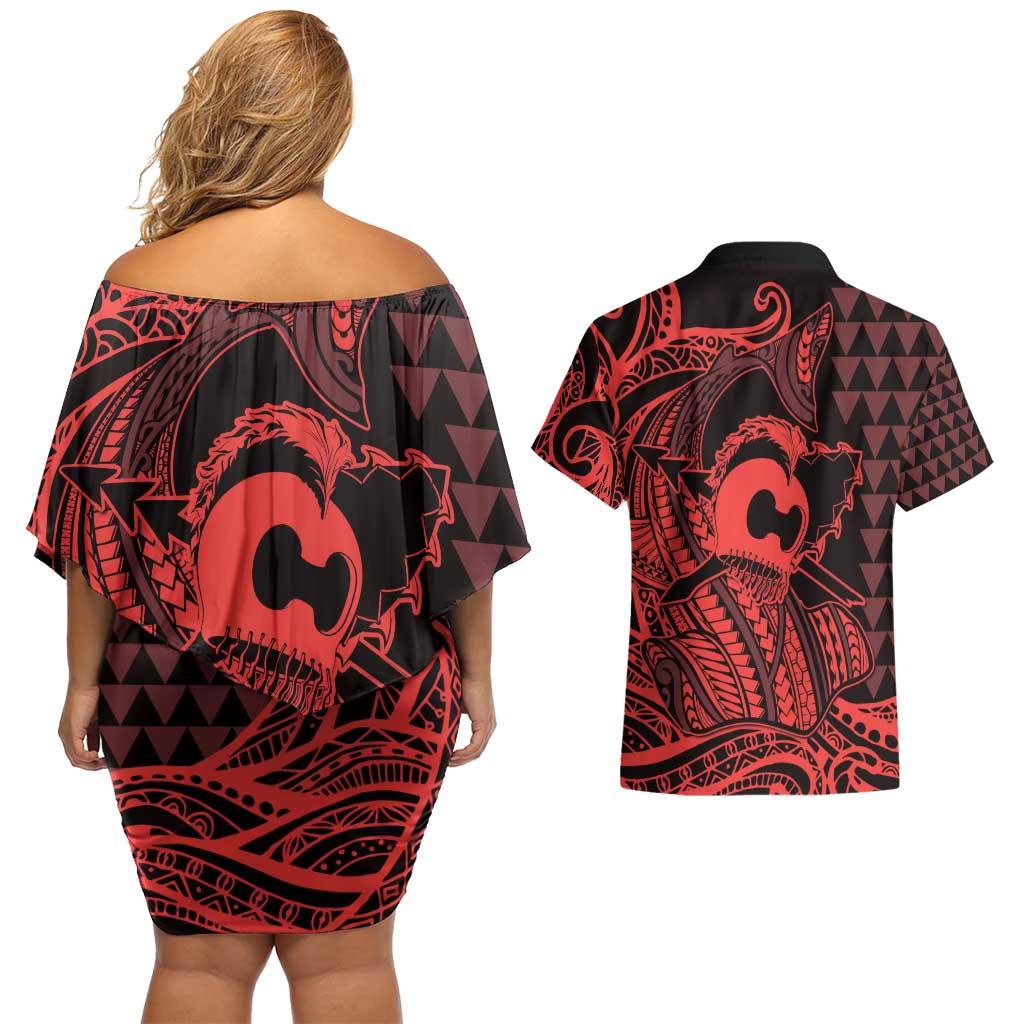 Koa Ikaika Warrior Helmet with Shark Couples Matching Off Shoulder Short Dress and Hawaiian Shirt Red Kakau Style LT9 - Polynesian Pride