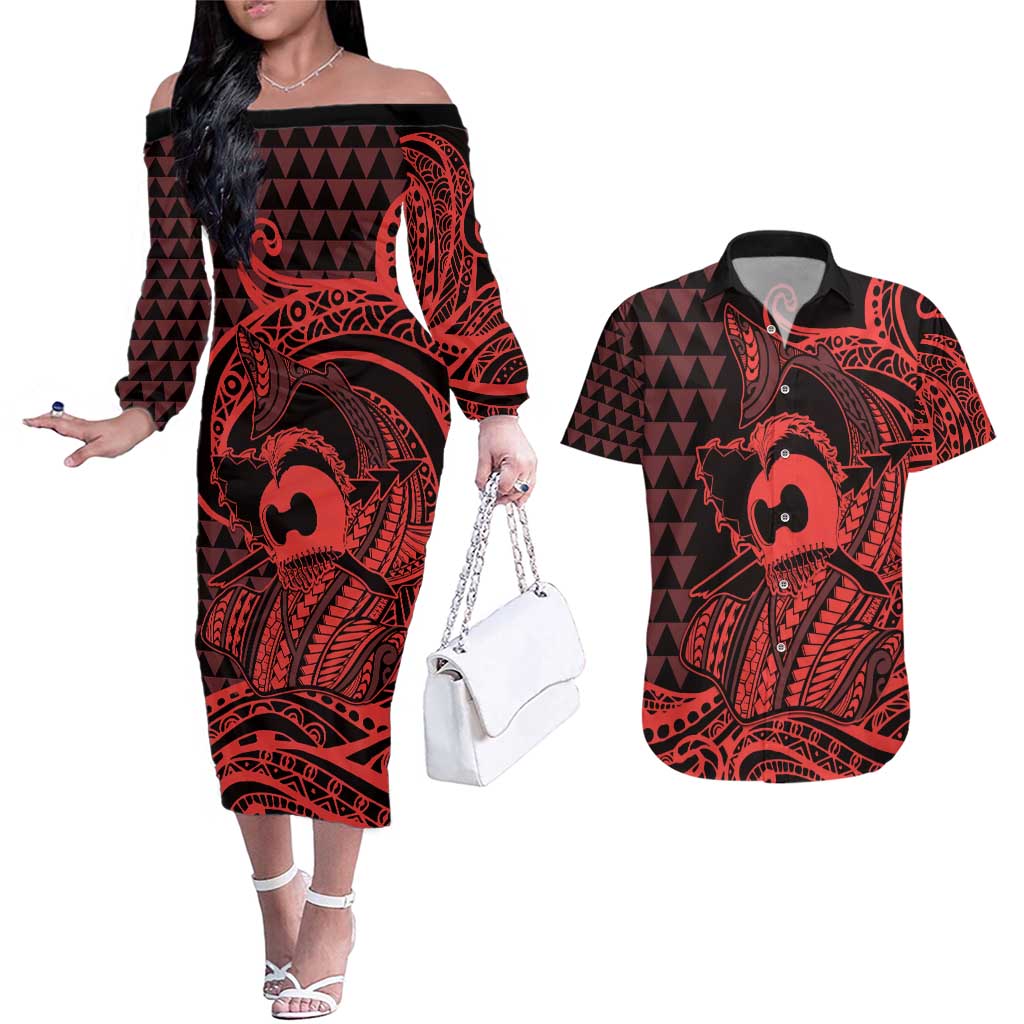 Koa Ikaika Warrior Helmet with Shark Couples Matching Off The Shoulder Long Sleeve Dress and Hawaiian Shirt Red Kakau Style LT9 Red - Polynesian Pride