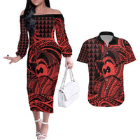 Koa Ikaika Warrior Helmet with Shark Couples Matching Off The Shoulder Long Sleeve Dress and Hawaiian Shirt Red Kakau Style LT9 Red - Polynesian Pride