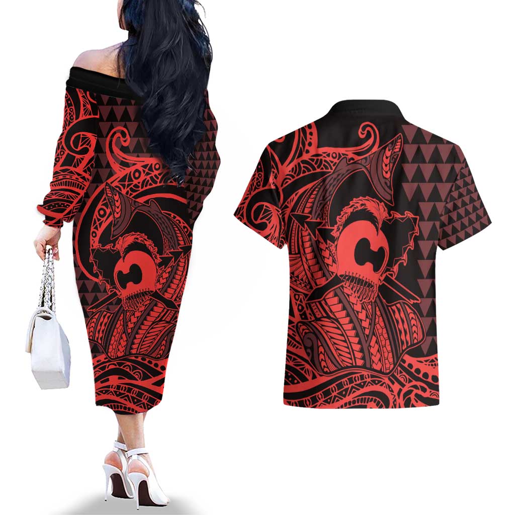 Koa Ikaika Warrior Helmet with Shark Couples Matching Off The Shoulder Long Sleeve Dress and Hawaiian Shirt Red Kakau Style LT9 - Polynesian Pride