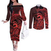 Koa Ikaika Warrior Helmet with Shark Couples Matching Off The Shoulder Long Sleeve Dress and Long Sleeve Button Shirt Red Kakau Style LT9 Red - Polynesian Pride