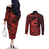 Koa Ikaika Warrior Helmet with Shark Couples Matching Off The Shoulder Long Sleeve Dress and Long Sleeve Button Shirt Red Kakau Style LT9 - Polynesian Pride