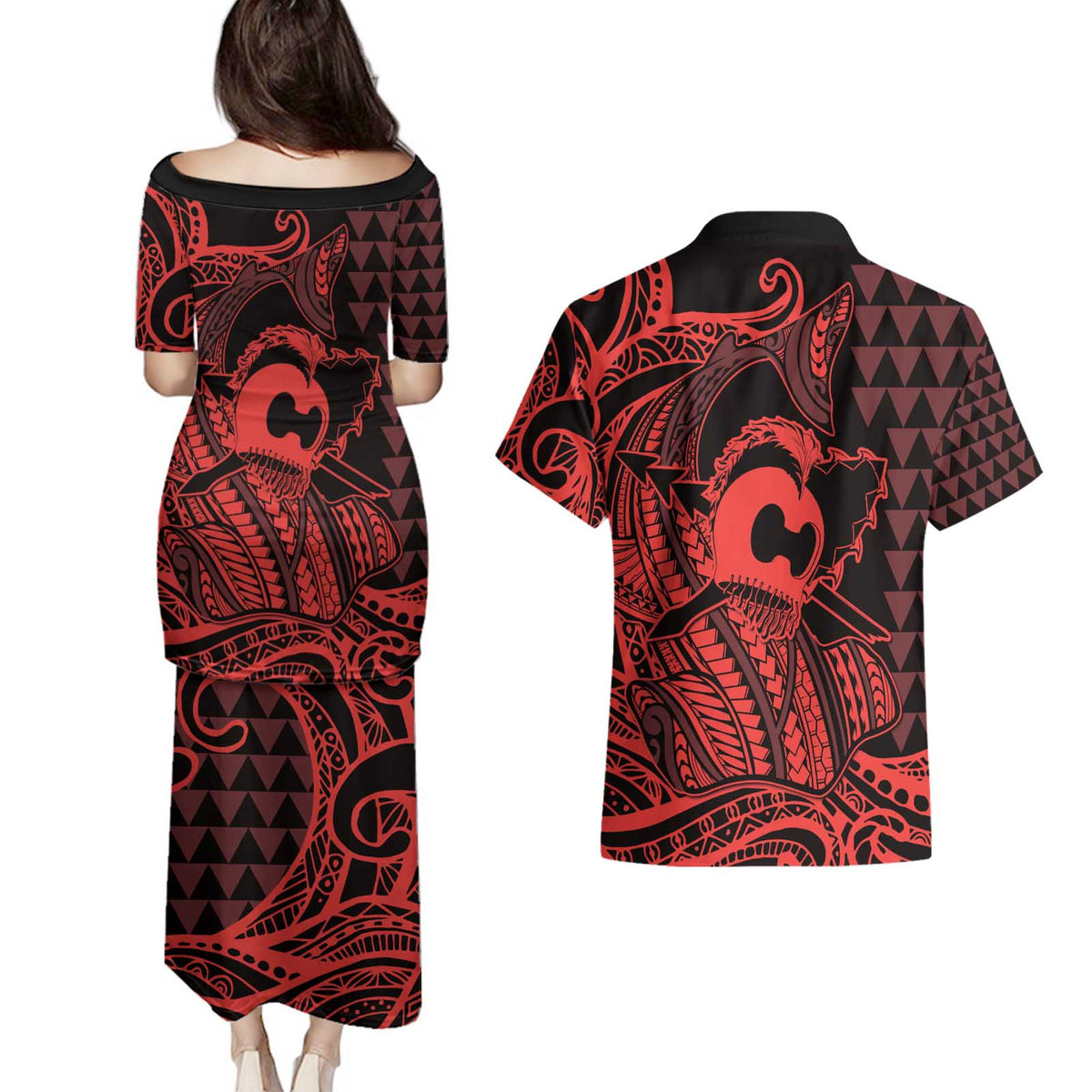 Koa Ikaika Warrior Helmet with Shark Couples Matching Puletasi and Hawaiian Shirt Red Kakau Style
