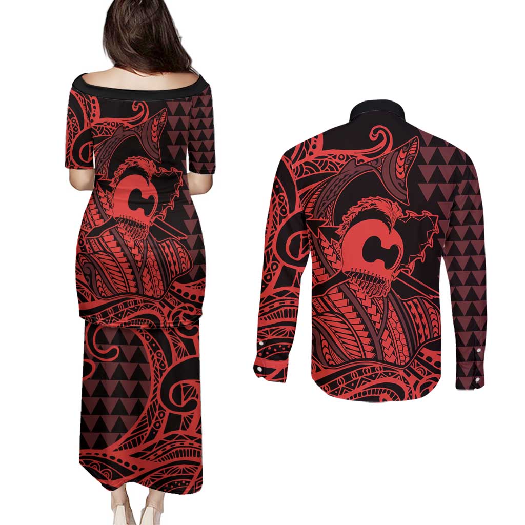 Koa Ikaika Warrior Helmet with Shark Couples Matching Puletasi and Long Sleeve Button Shirt Red Kakau Style