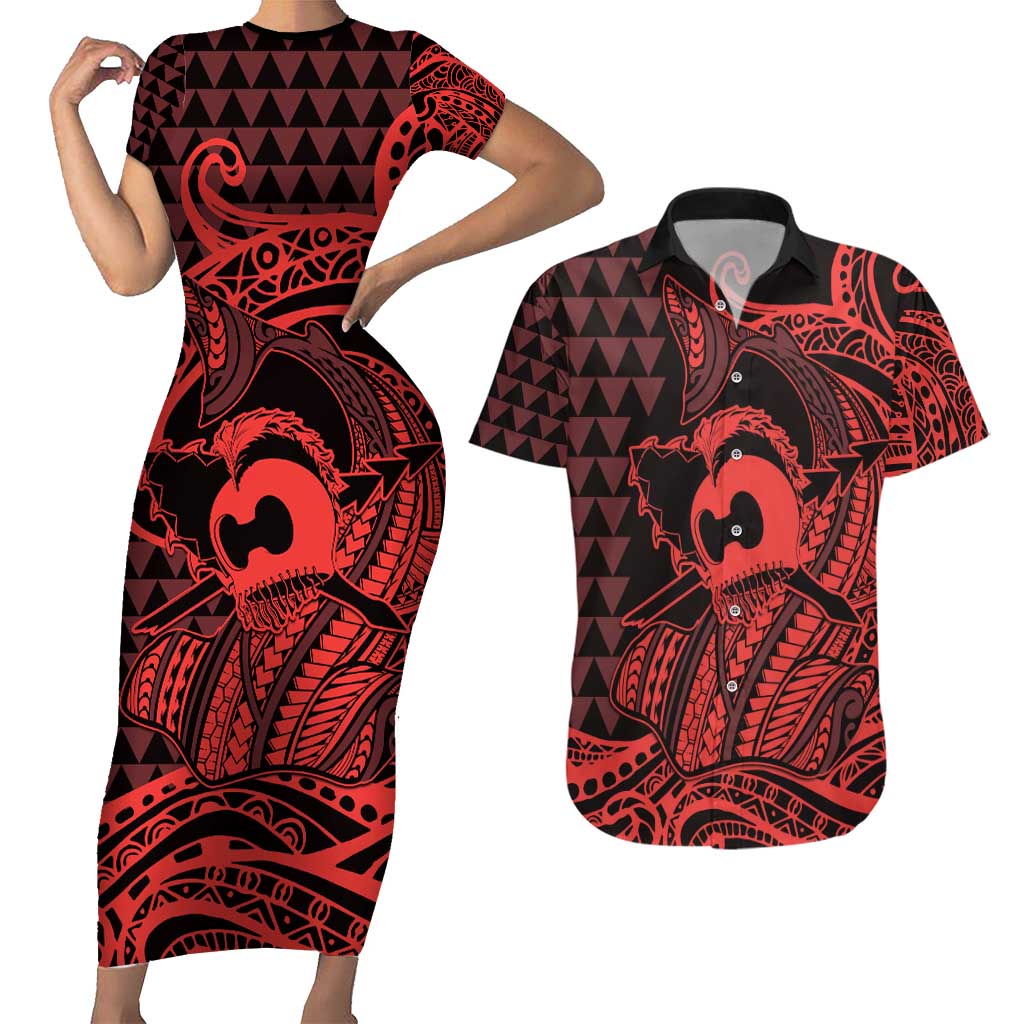 Koa Ikaika Warrior Helmet with Shark Couples Matching Short Sleeve Bodycon Dress and Hawaiian Shirt Red Kakau Style LT9 Red - Polynesian Pride