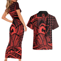 Koa Ikaika Warrior Helmet with Shark Couples Matching Short Sleeve Bodycon Dress and Hawaiian Shirt Red Kakau Style LT9 - Polynesian Pride