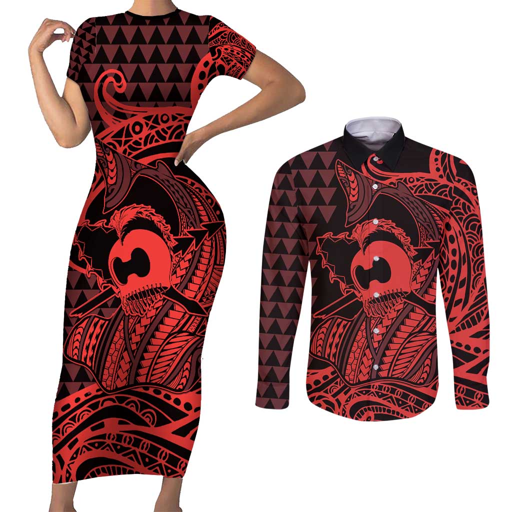 Koa Ikaika Warrior Helmet with Shark Couples Matching Short Sleeve Bodycon Dress and Long Sleeve Button Shirt Red Kakau Style LT9 Red - Polynesian Pride