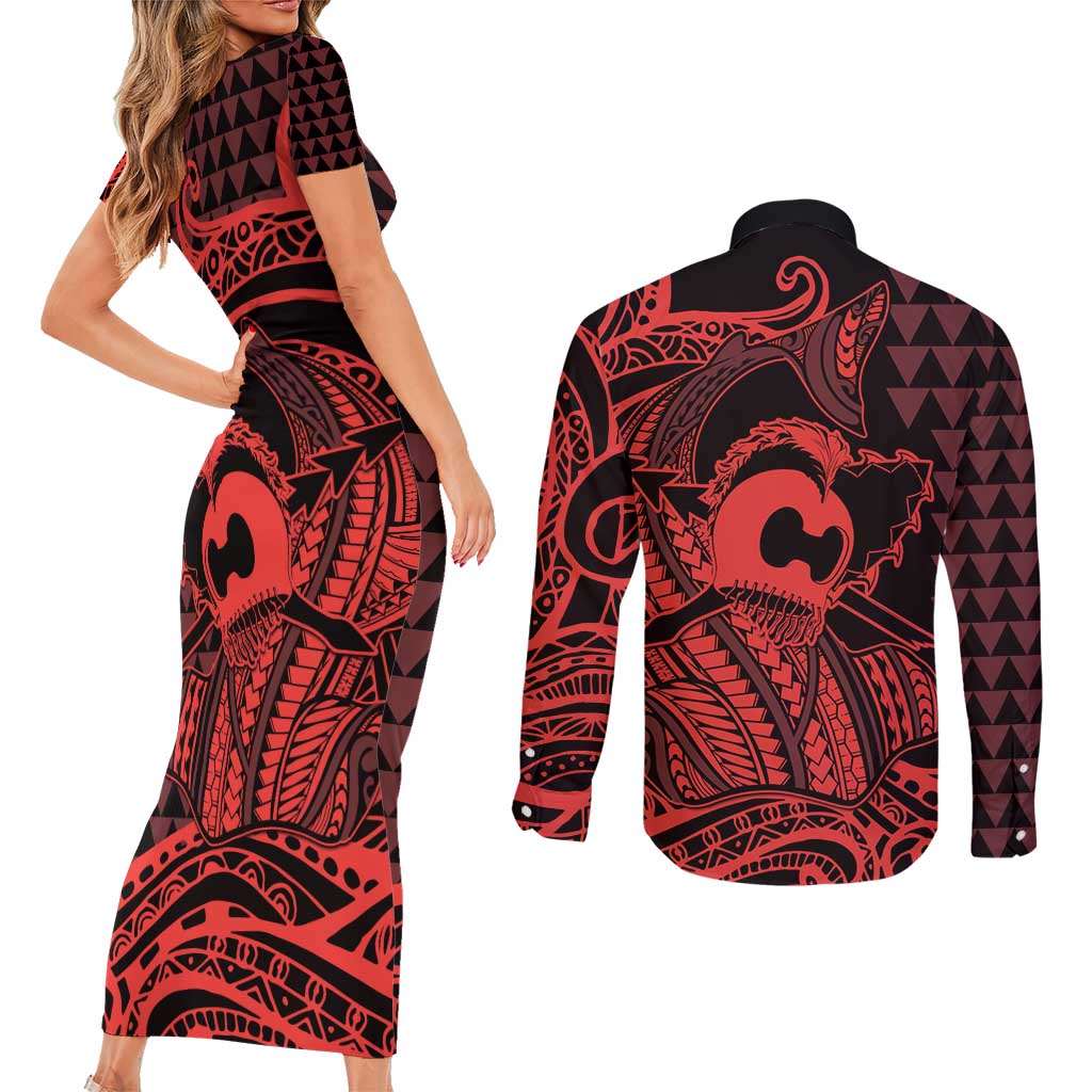 Koa Ikaika Warrior Helmet with Shark Couples Matching Short Sleeve Bodycon Dress and Long Sleeve Button Shirt Red Kakau Style LT9 - Polynesian Pride
