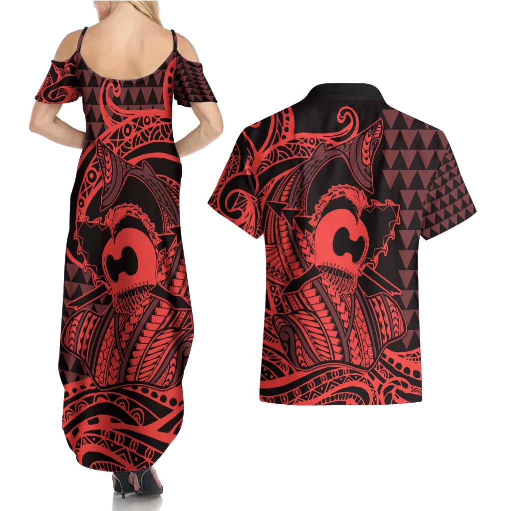 Koa Ikaika Warrior Helmet with Shark Couples Matching Summer Maxi Dress and Hawaiian Shirt Red Kakau Style LT9 - Polynesian Pride