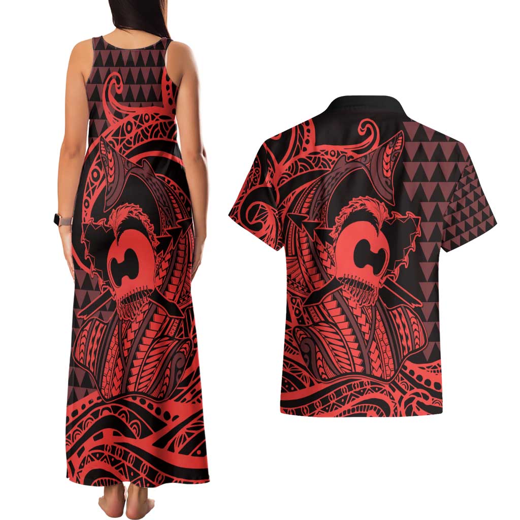 Koa Ikaika Warrior Helmet with Shark Couples Matching Tank Maxi Dress and Hawaiian Shirt Red Kakau Style LT9 - Polynesian Pride