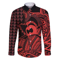 Koa Ikaika Warrior Helmet with Shark Family Matching Long Sleeve Bodycon Dress and Hawaiian Shirt Red Kakau Style LT9 Dad's Shirt - Long Sleeve Red - Polynesian Pride