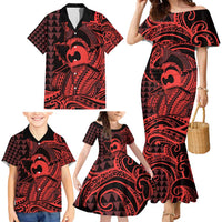 Koa Ikaika Warrior Helmet with Shark Family Matching Mermaid Dress and Hawaiian Shirt Red Kakau Style LT9 - Polynesian Pride