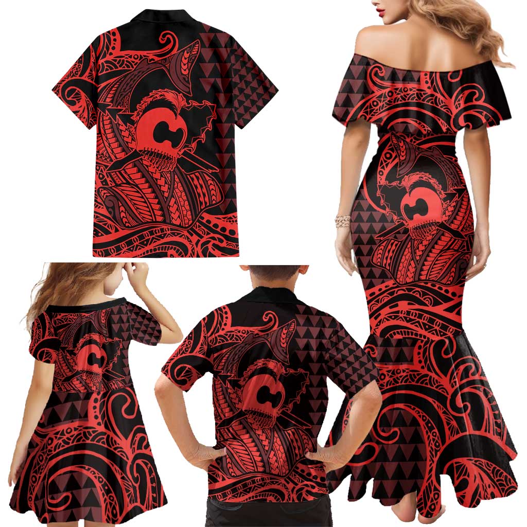 Koa Ikaika Warrior Helmet with Shark Family Matching Mermaid Dress and Hawaiian Shirt Red Kakau Style LT9 - Polynesian Pride