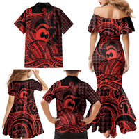 Koa Ikaika Warrior Helmet with Shark Family Matching Mermaid Dress and Hawaiian Shirt Red Kakau Style LT9 - Polynesian Pride