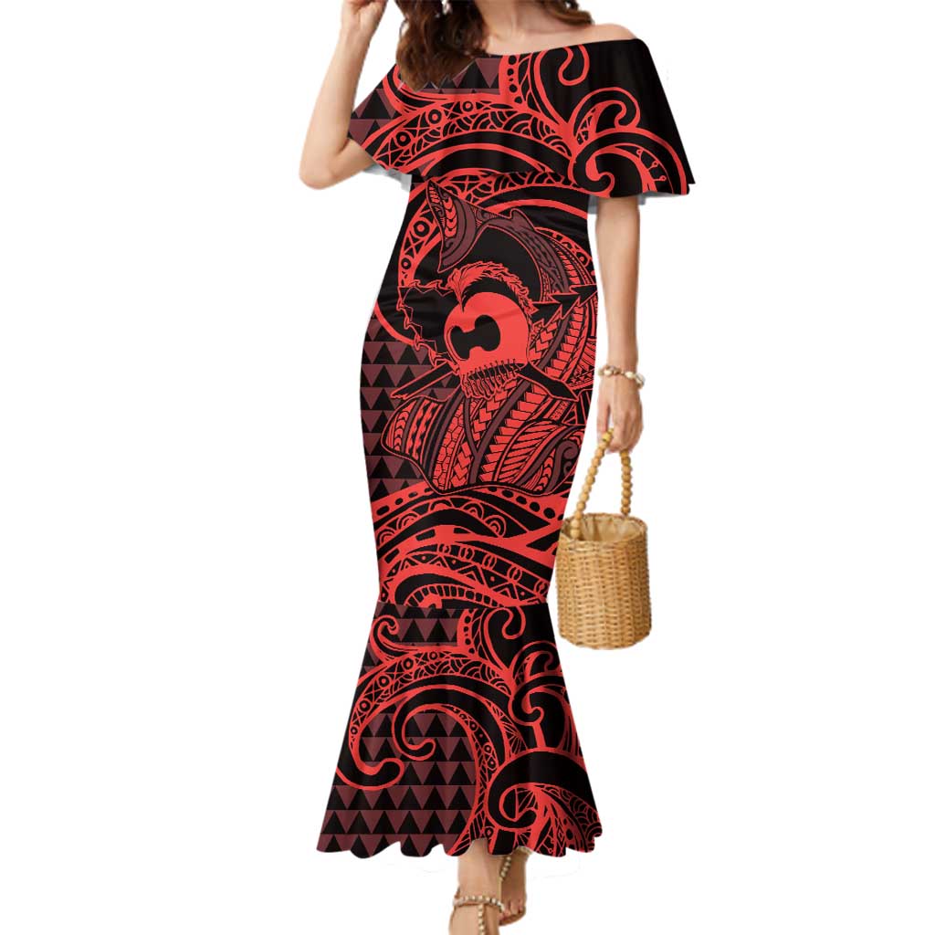 Koa Ikaika Warrior Helmet with Shark Family Matching Mermaid Dress and Hawaiian Shirt Red Kakau Style LT9 Mom's Dress Red - Polynesian Pride