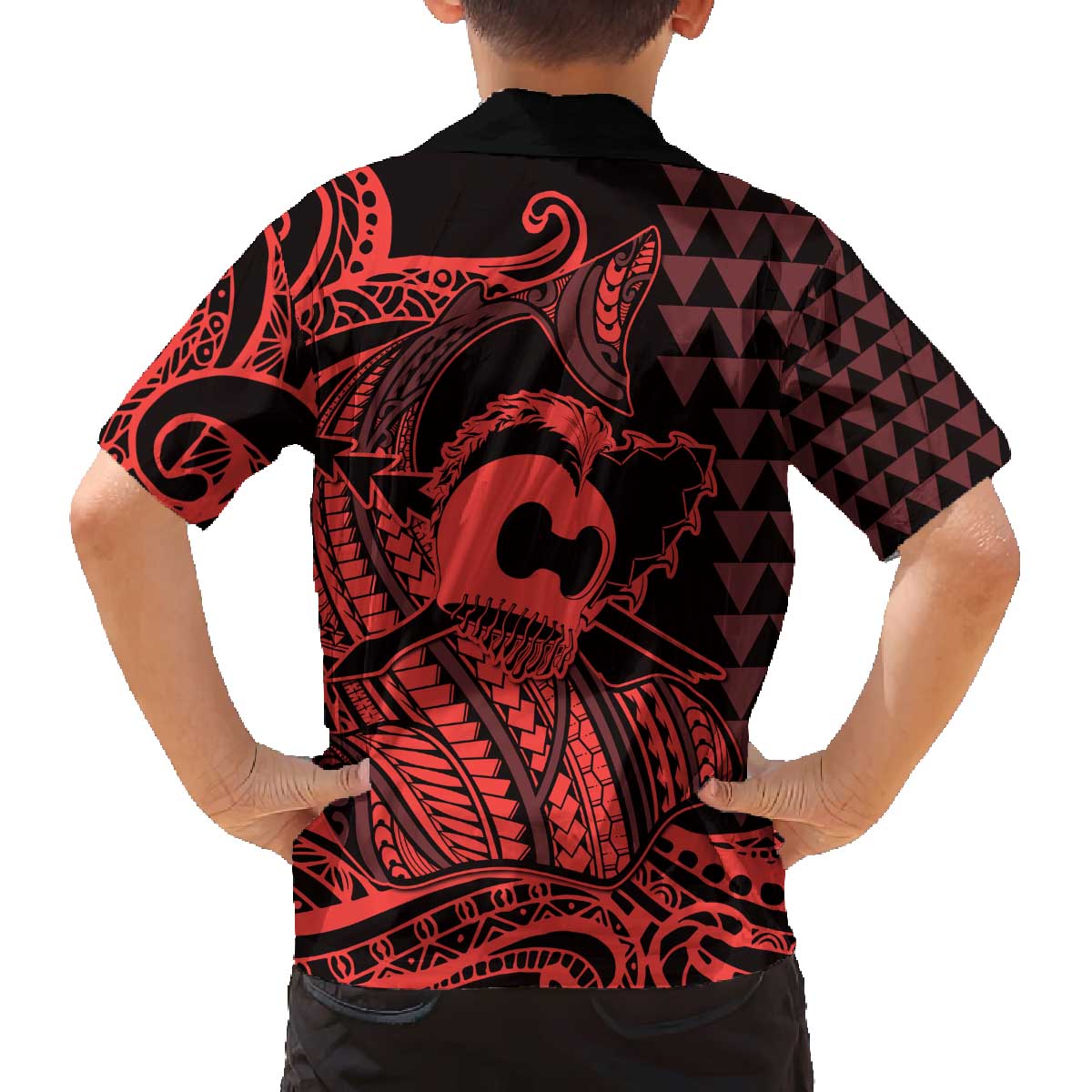 Koa Ikaika Warrior Helmet with Shark Family Matching Off The Shoulder Long Sleeve Dress and Hawaiian Shirt Red Kakau Style LT9 - Polynesian Pride