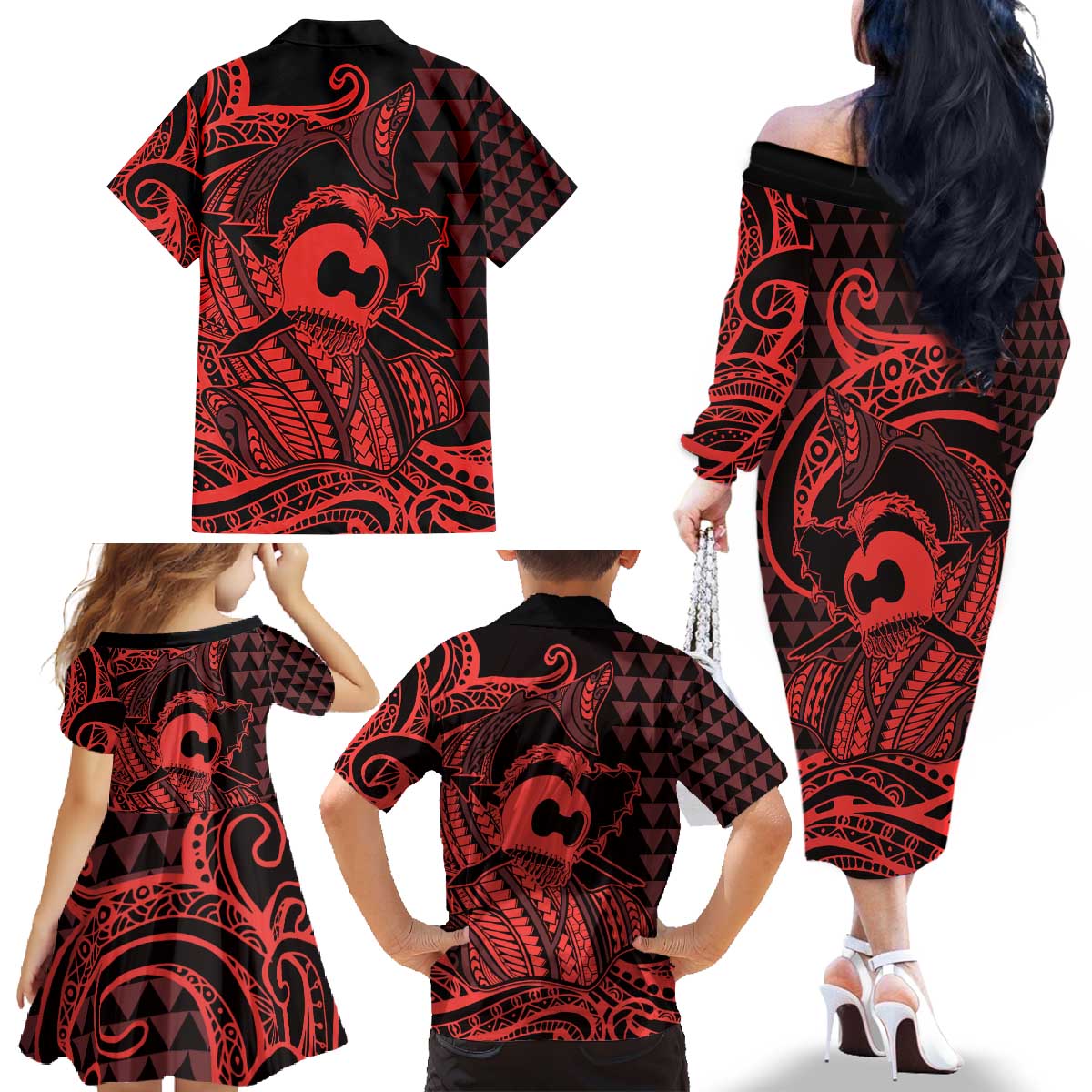 Koa Ikaika Warrior Helmet with Shark Family Matching Off The Shoulder Long Sleeve Dress and Hawaiian Shirt Red Kakau Style LT9 - Polynesian Pride