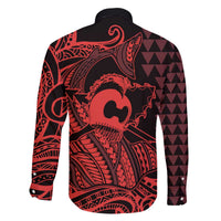 Koa Ikaika Warrior Helmet with Shark Family Matching Off The Shoulder Long Sleeve Dress and Hawaiian Shirt Red Kakau Style LT9 - Polynesian Pride
