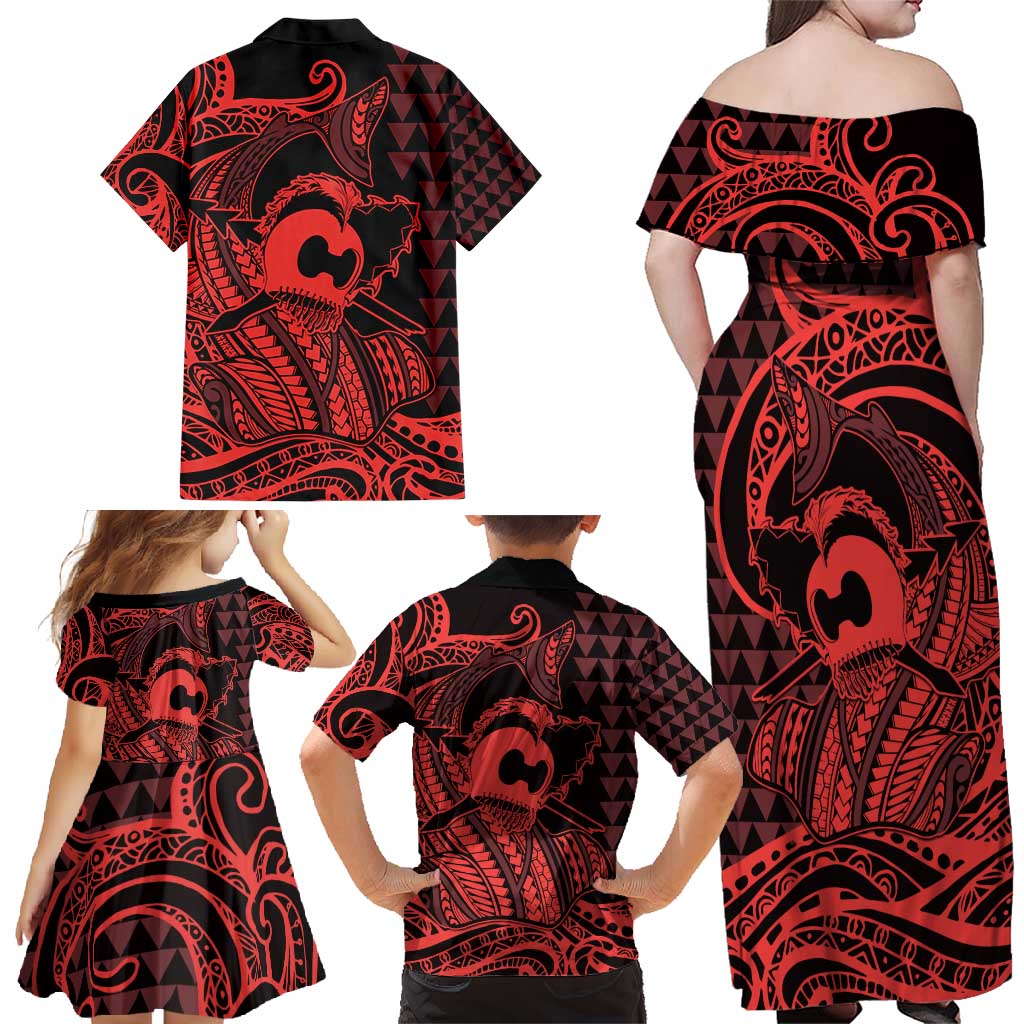 Koa Ikaika Warrior Helmet with Shark Family Matching Off Shoulder Maxi Dress and Hawaiian Shirt Red Kakau Style LT9 - Polynesian Pride