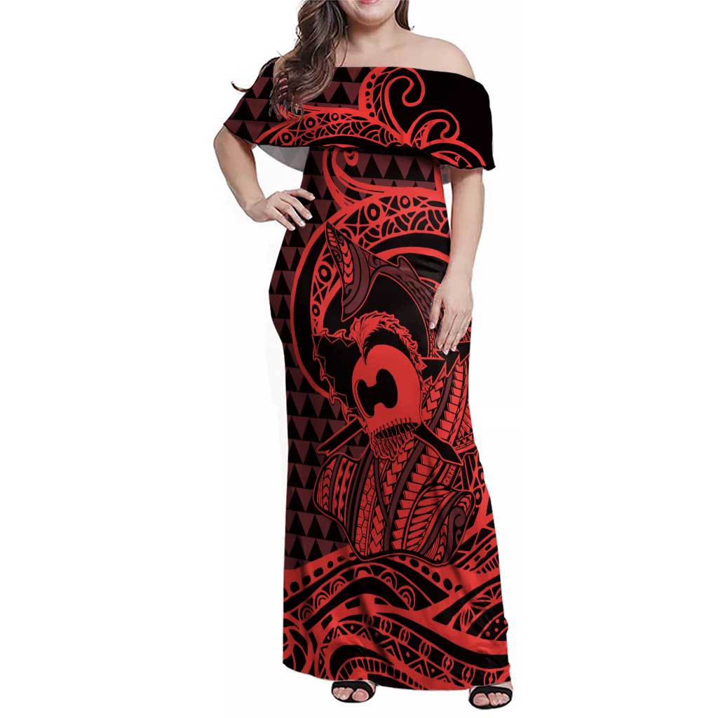 Koa Ikaika Warrior Helmet with Shark Family Matching Off Shoulder Maxi Dress and Hawaiian Shirt Red Kakau Style LT9 Mom's Dress Red - Polynesian Pride