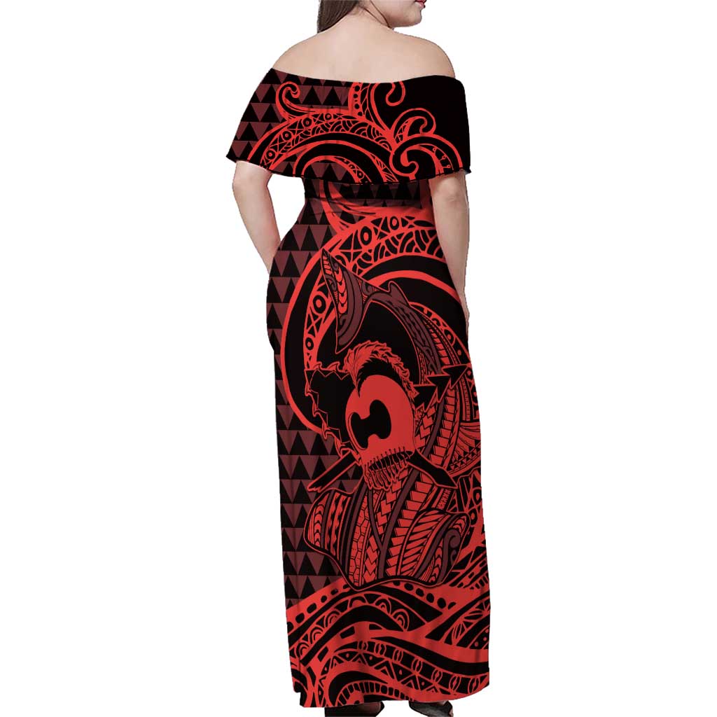Koa Ikaika Warrior Helmet with Shark Family Matching Off Shoulder Maxi Dress and Hawaiian Shirt Red Kakau Style LT9 - Polynesian Pride