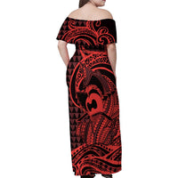 Koa Ikaika Warrior Helmet with Shark Family Matching Off Shoulder Maxi Dress and Hawaiian Shirt Red Kakau Style LT9 - Polynesian Pride