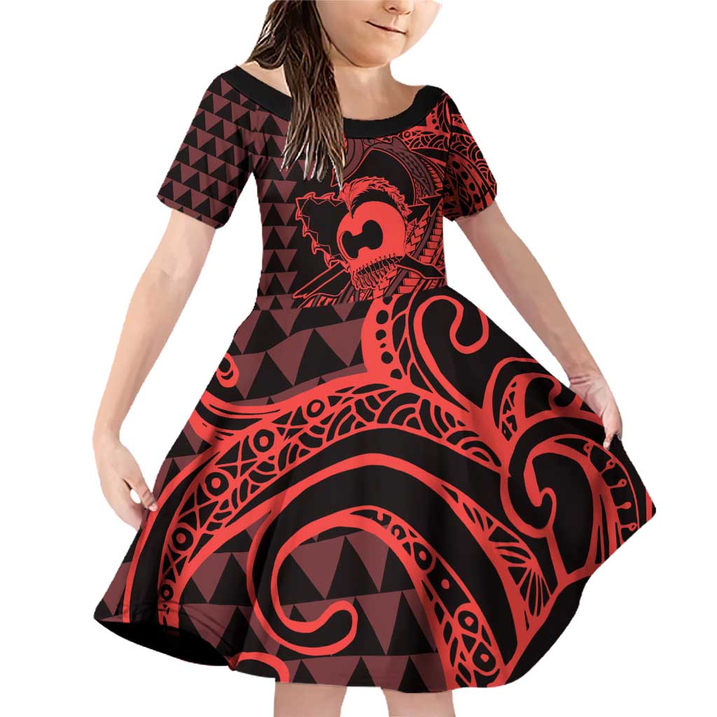 Koa Ikaika Warrior Helmet with Shark Family Matching Off Shoulder Short Dress and Hawaiian Shirt Red Kakau Style LT9 Daughter's Dress Red - Polynesian Pride