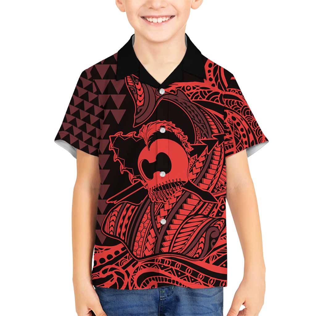 Koa Ikaika Warrior Helmet with Shark Family Matching Off Shoulder Short Dress and Hawaiian Shirt Red Kakau Style LT9 Son's Shirt Red - Polynesian Pride