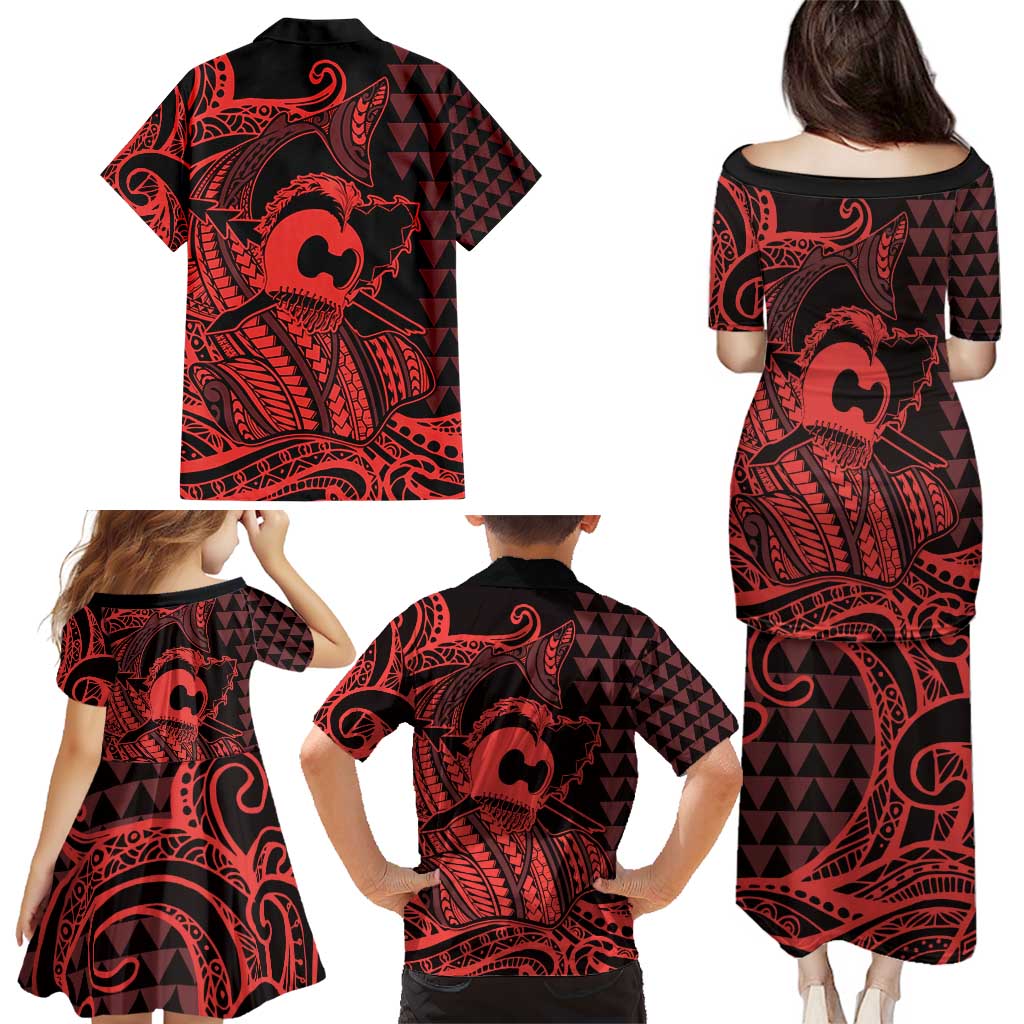 Koa Ikaika Warrior Helmet with Shark Family Matching Puletasi and Hawaiian Shirt Red Kakau Style LT9 - Polynesian Pride