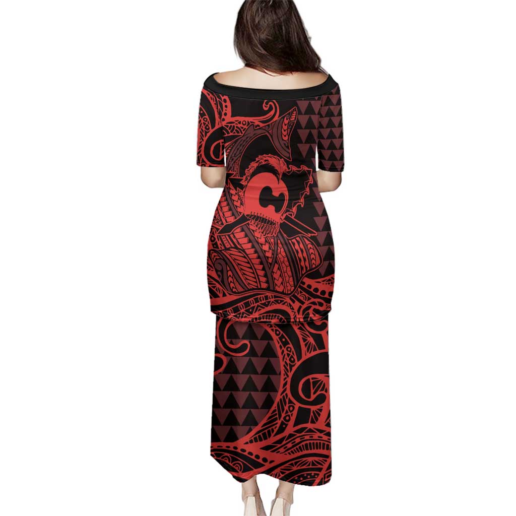 Koa Ikaika Warrior Helmet with Shark Family Matching Puletasi and Hawaiian Shirt Red Kakau Style LT9 - Polynesian Pride