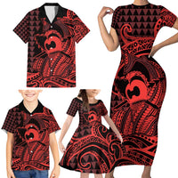 Koa Ikaika Warrior Helmet with Shark Family Matching Short Sleeve Bodycon Dress and Hawaiian Shirt Red Kakau Style LT9 - Polynesian Pride