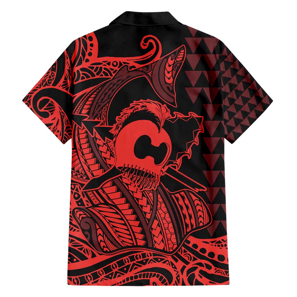 Koa Ikaika Warrior Helmet with Shark Family Matching Short Sleeve Bodycon Dress and Hawaiian Shirt Red Kakau Style LT9 - Polynesian Pride