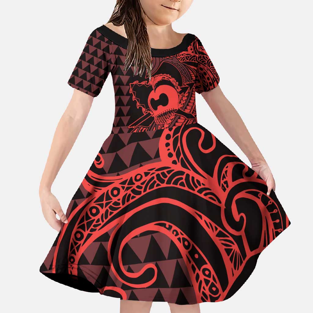 Koa Ikaika Warrior Helmet with Shark Family Matching Summer Maxi Dress and Hawaiian Shirt Red Kakau Style LT9 Daughter's Dress Red - Polynesian Pride