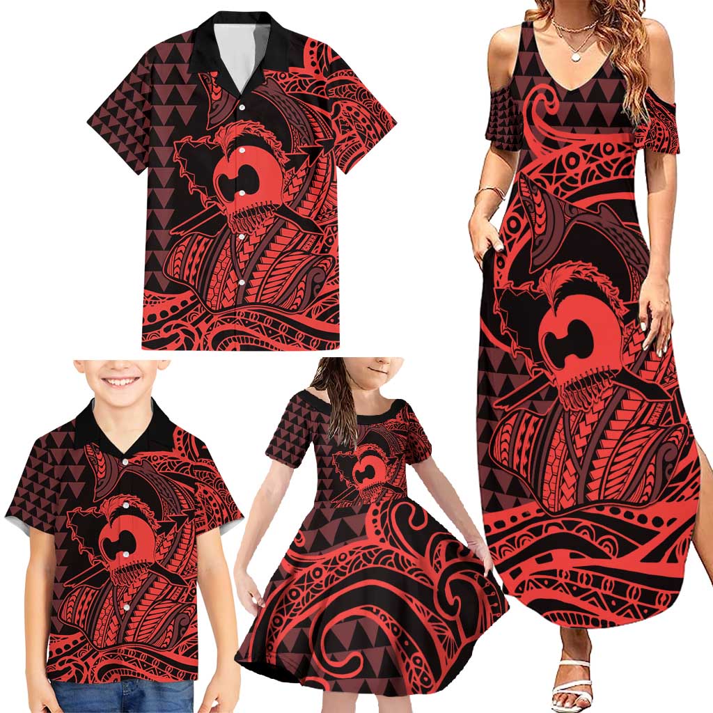 Koa Ikaika Warrior Helmet with Shark Family Matching Summer Maxi Dress and Hawaiian Shirt Red Kakau Style LT9 - Polynesian Pride