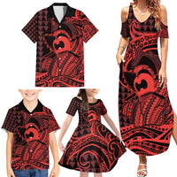 Koa Ikaika Warrior Helmet with Shark Family Matching Summer Maxi Dress and Hawaiian Shirt Red Kakau Style LT9 - Polynesian Pride
