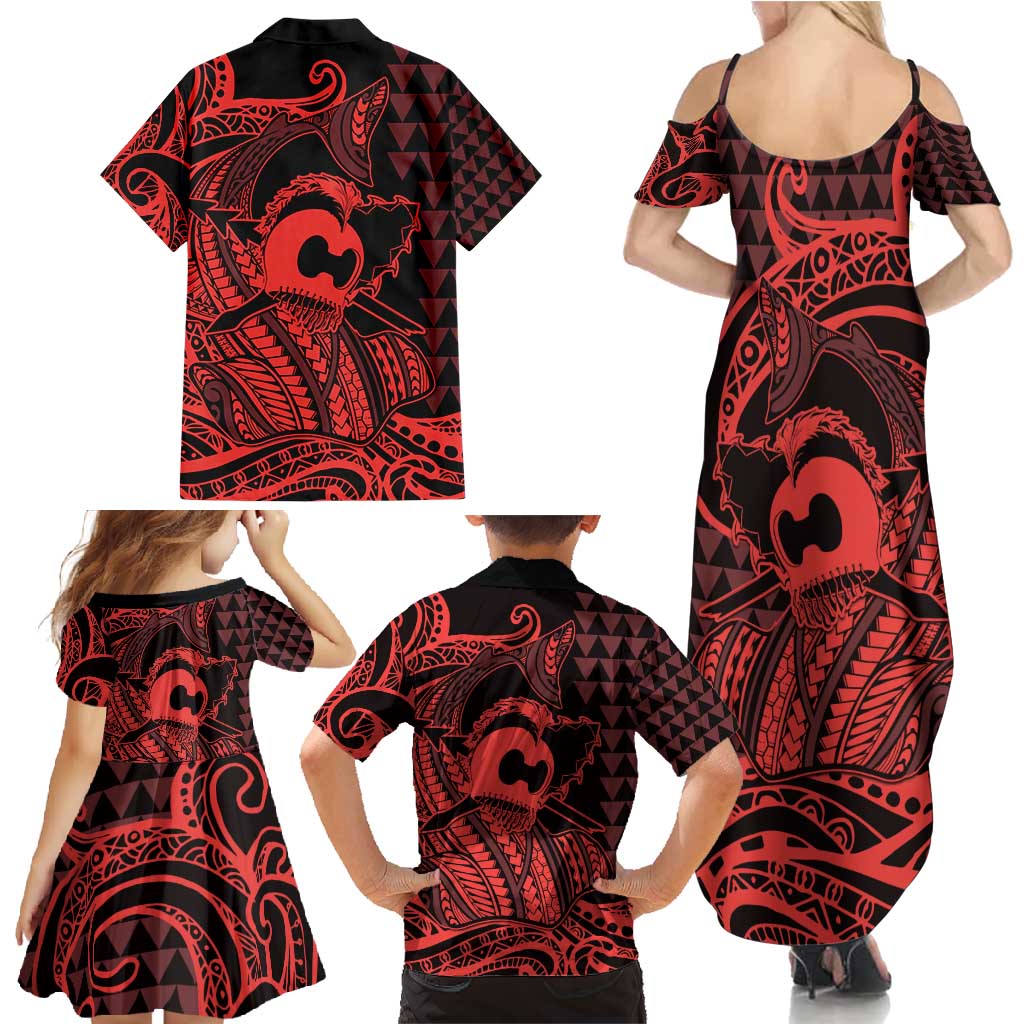 Koa Ikaika Warrior Helmet with Shark Family Matching Summer Maxi Dress and Hawaiian Shirt Red Kakau Style LT9 - Polynesian Pride