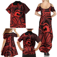 Koa Ikaika Warrior Helmet with Shark Family Matching Summer Maxi Dress and Hawaiian Shirt Red Kakau Style LT9 - Polynesian Pride
