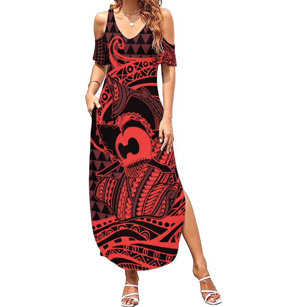 Koa Ikaika Warrior Helmet with Shark Family Matching Summer Maxi Dress and Hawaiian Shirt Red Kakau Style LT9 Mom's Dress Red - Polynesian Pride