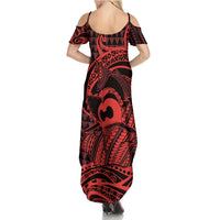 Koa Ikaika Warrior Helmet with Shark Family Matching Summer Maxi Dress and Hawaiian Shirt Red Kakau Style LT9 - Polynesian Pride